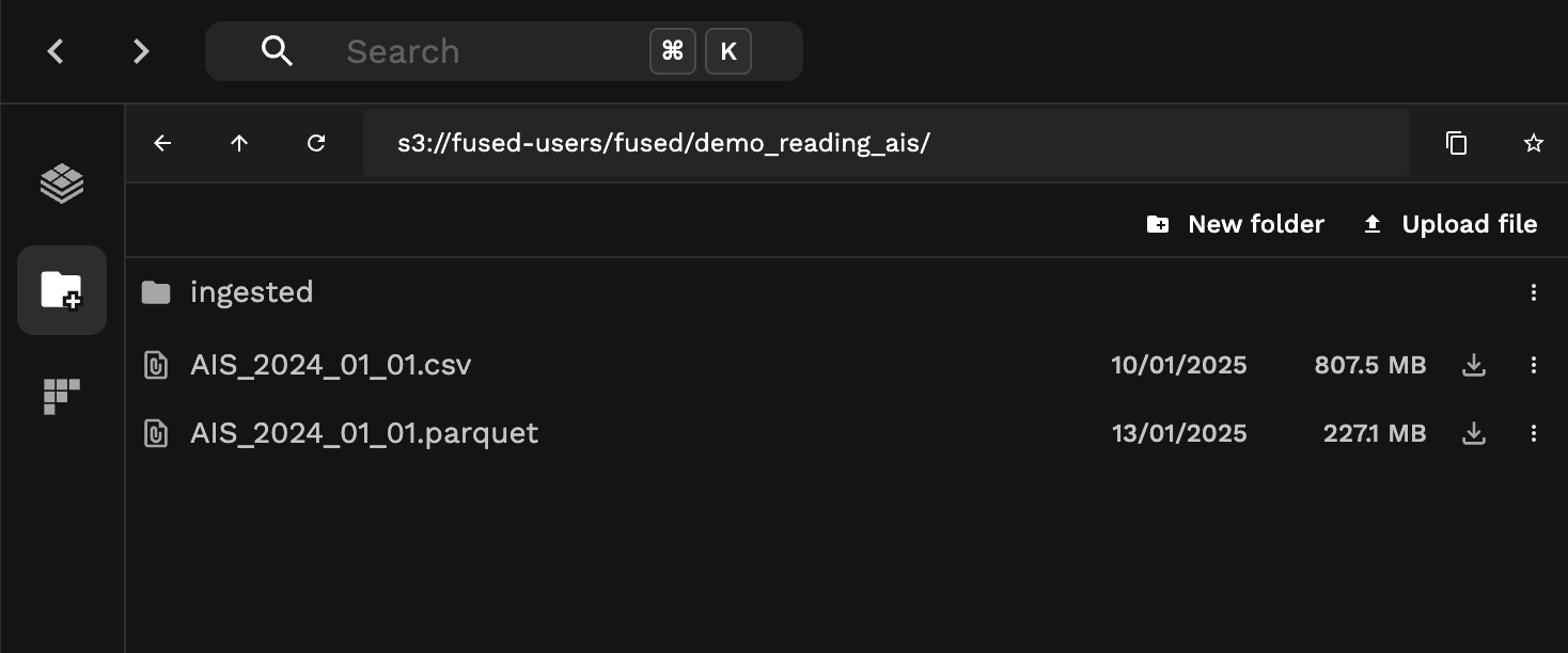 Our AIS CSV properly uploaded on File Explorer