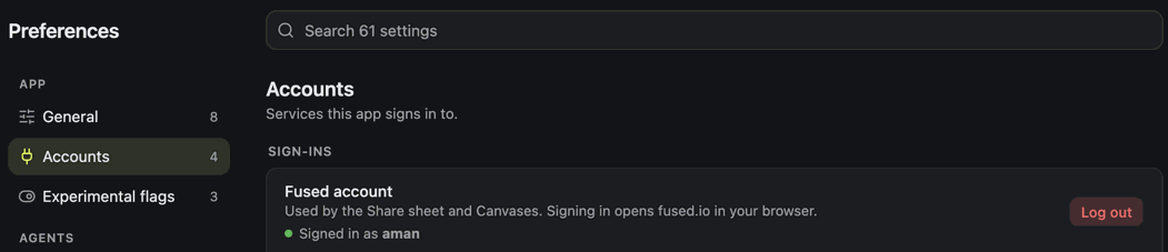 Accounts page in Fused Render Preferences showing a signed-in Fused account