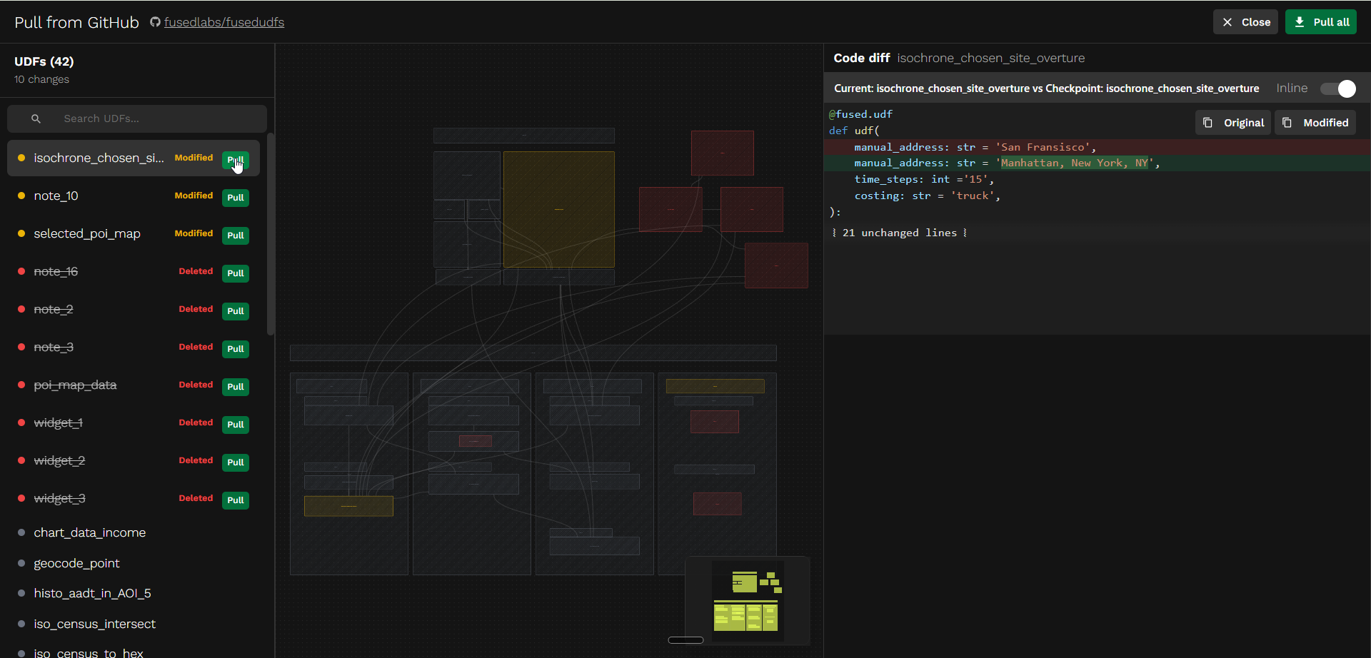 Pull server changes panel with per-UDF controls