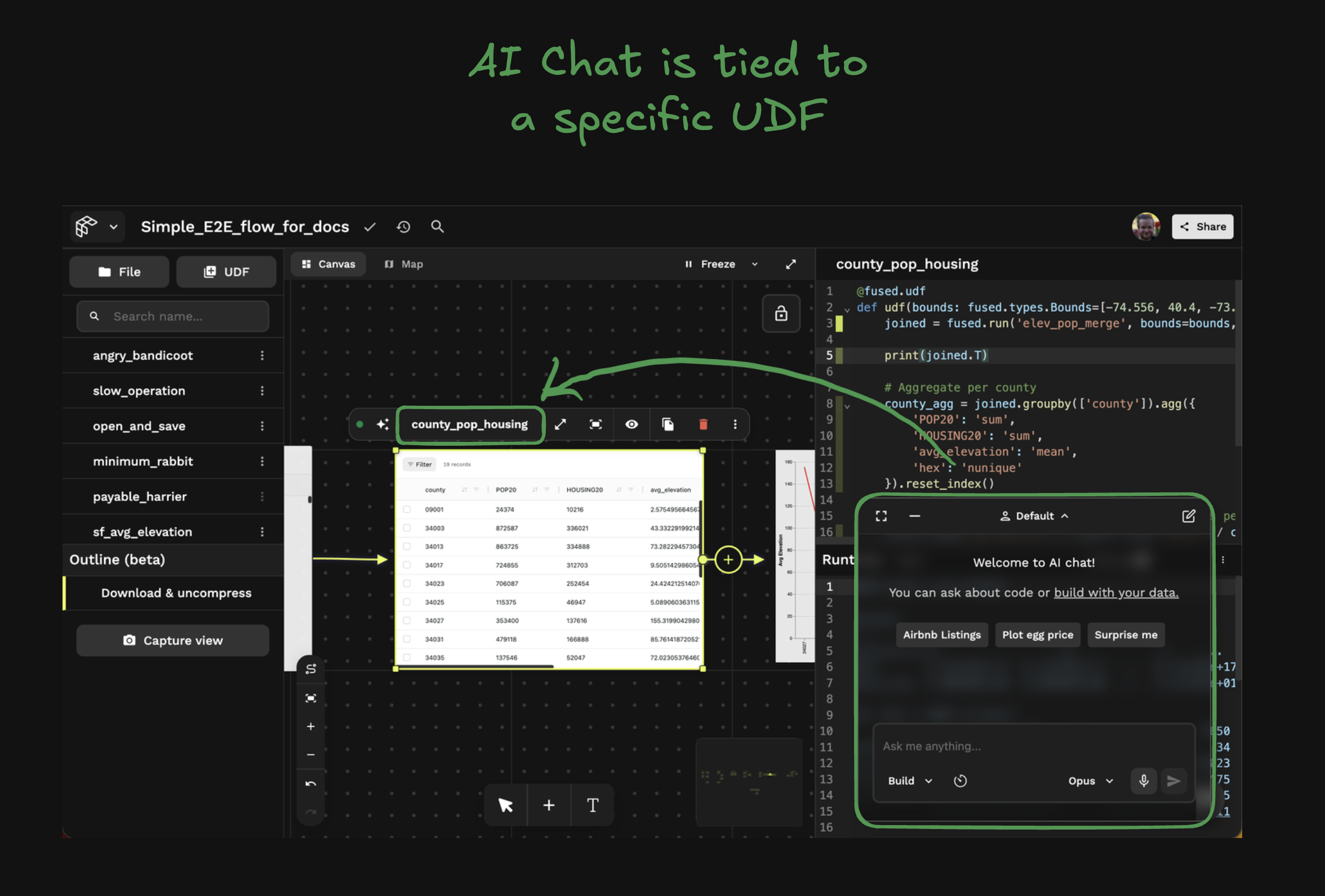 AI Chat is associated with the currently selected UDF, not the whole canvas.