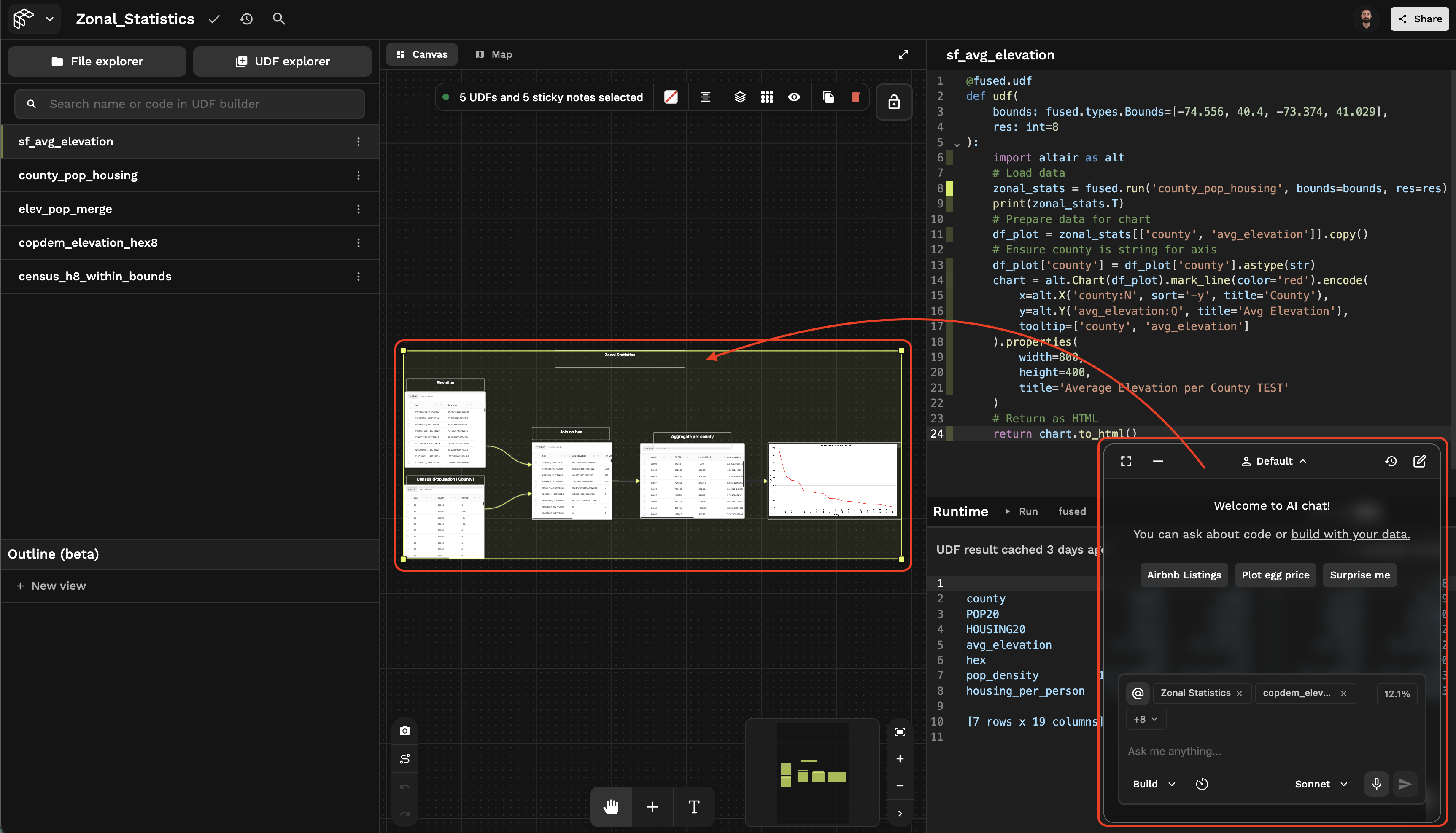 AI Chat is associated with the currently selected UDF, not the whole canvas.