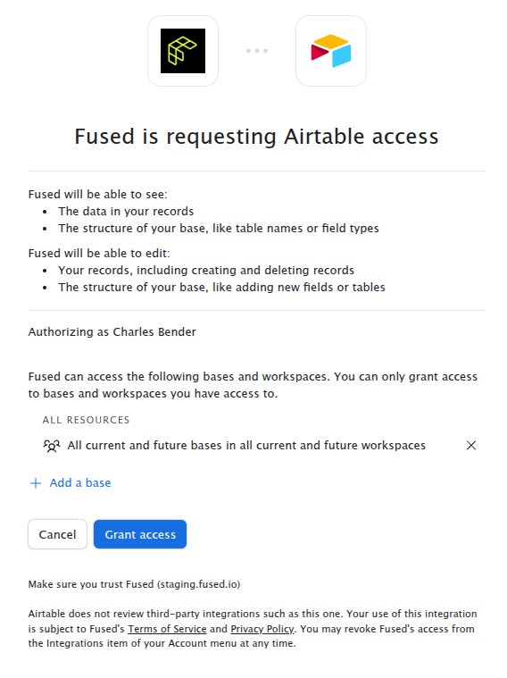 Airtable OAuth consent screen
