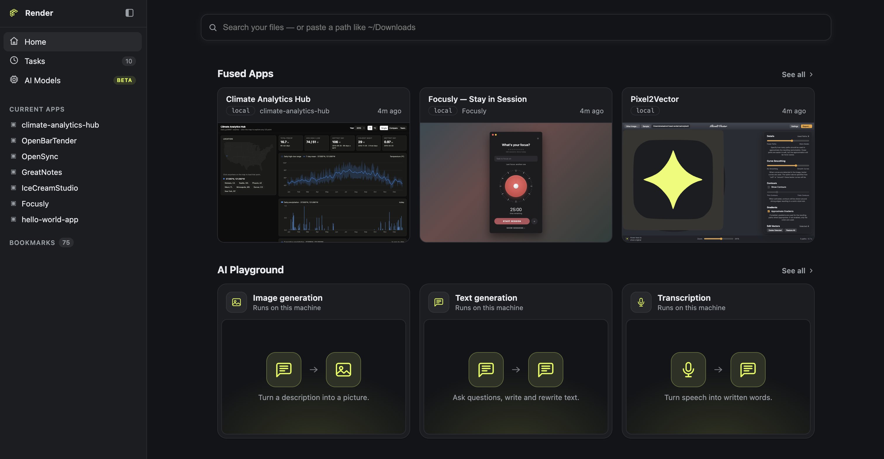 Fused Render home page with Fused Apps and AI Playground