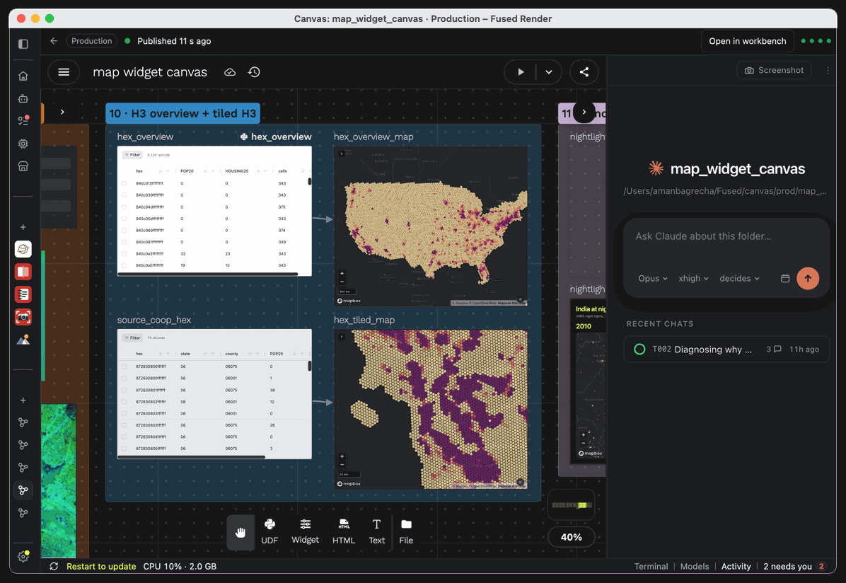A canvas open in Fused Render with the Workbench on the left and the chat panel on the right