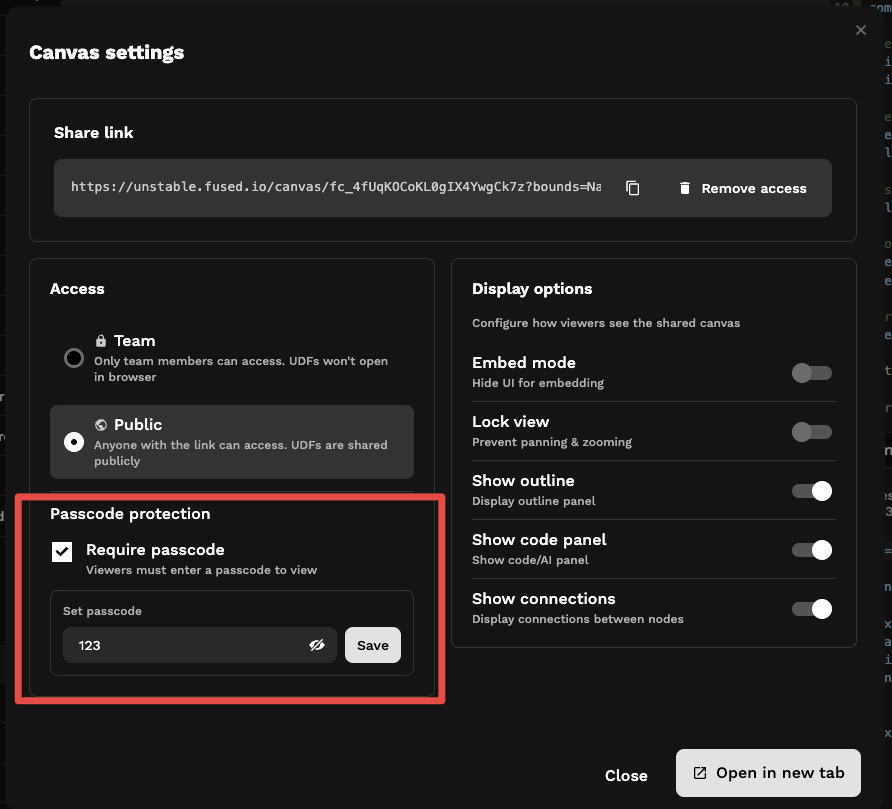 Canvas settings: Passcode protection with Require passcode, set passcode field, and Save