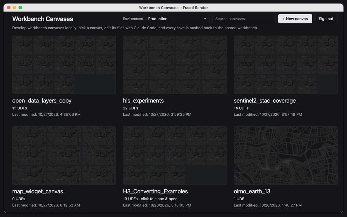 Workbench Canvases page listing canvases with their UDF counts
