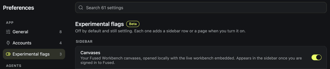 Experimental flags page with the Canvases toggle turned on