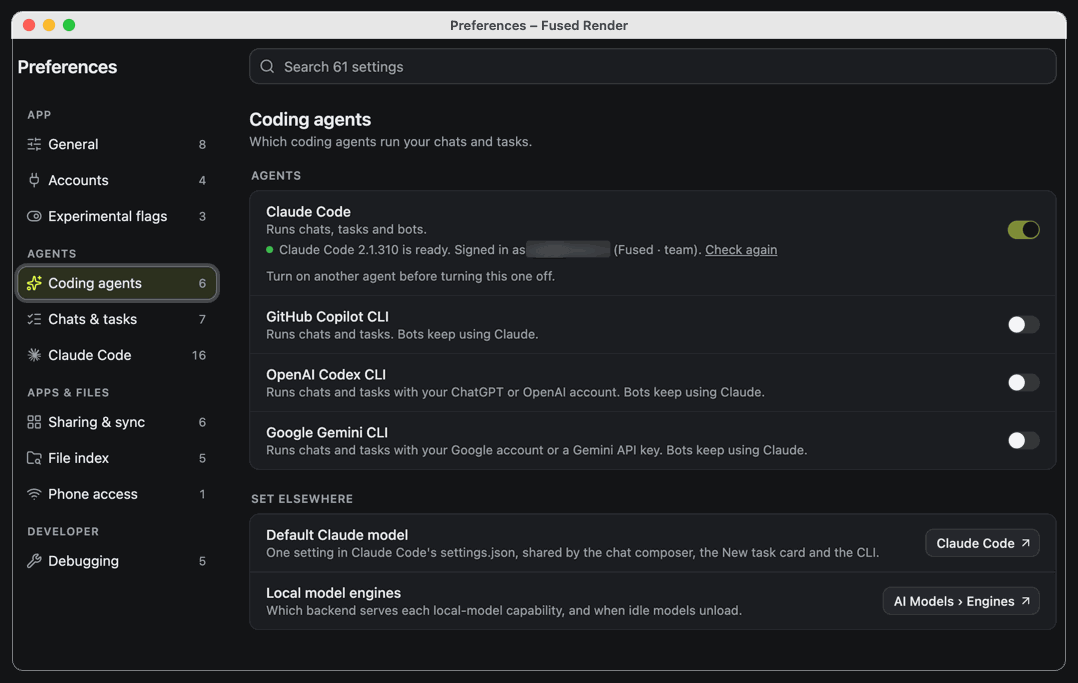 Coding agents page with toggles for Claude Code, GitHub Copilot CLI, OpenAI Codex CLI and Google Gemini CLI