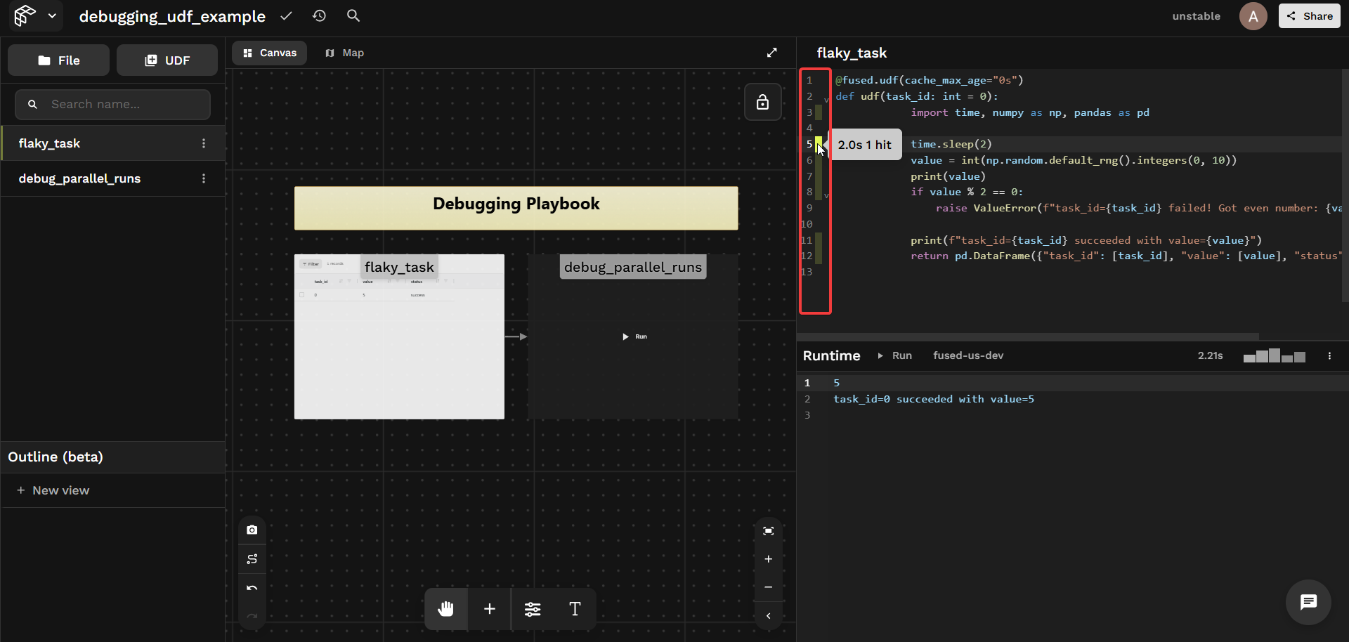 Workbench inline profiler showing per-line timing