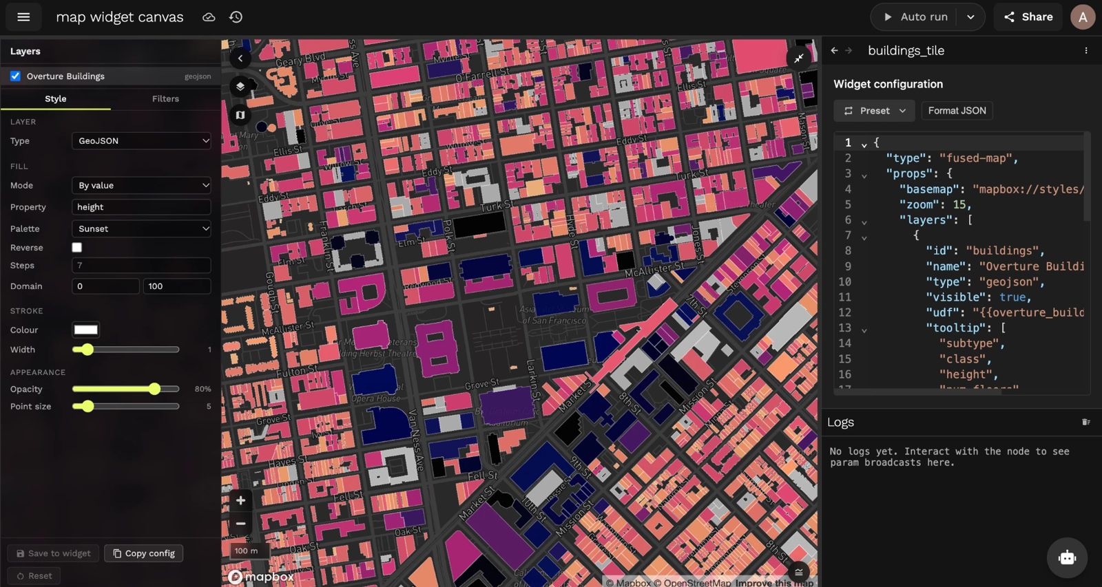 The Fused Map sidebar next to the map and the widget configuration