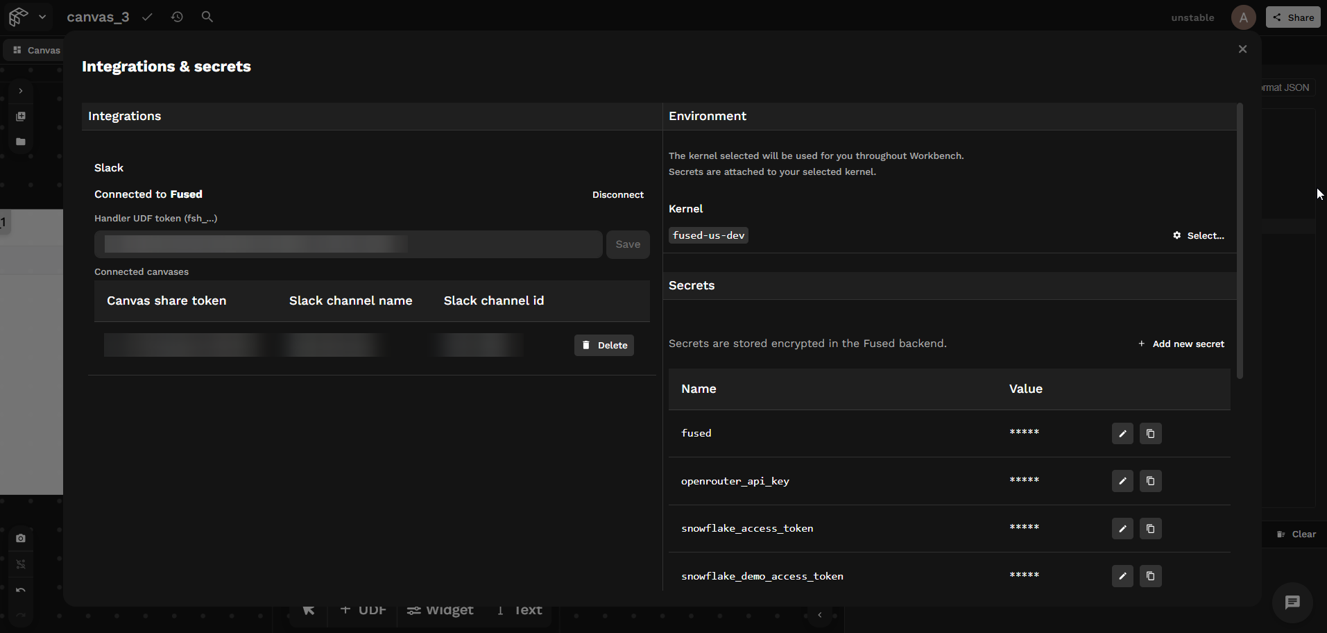 Integrations &amp; Secrets page