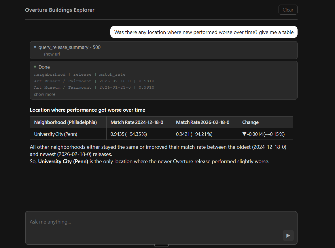 MCP chatbot querying Overture building data
