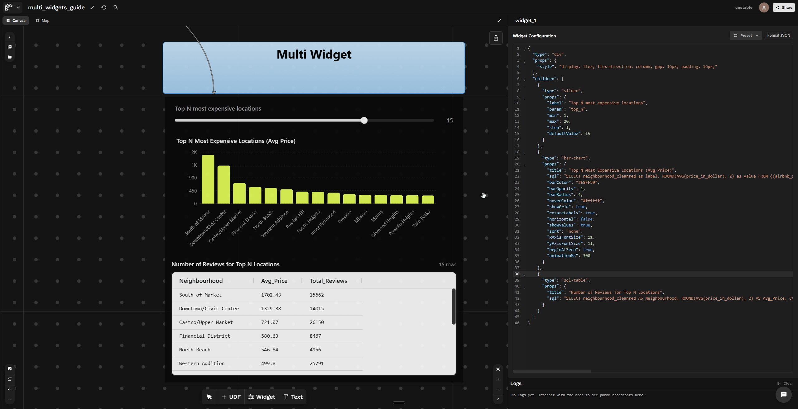 Multi-widget slider updating chart and table