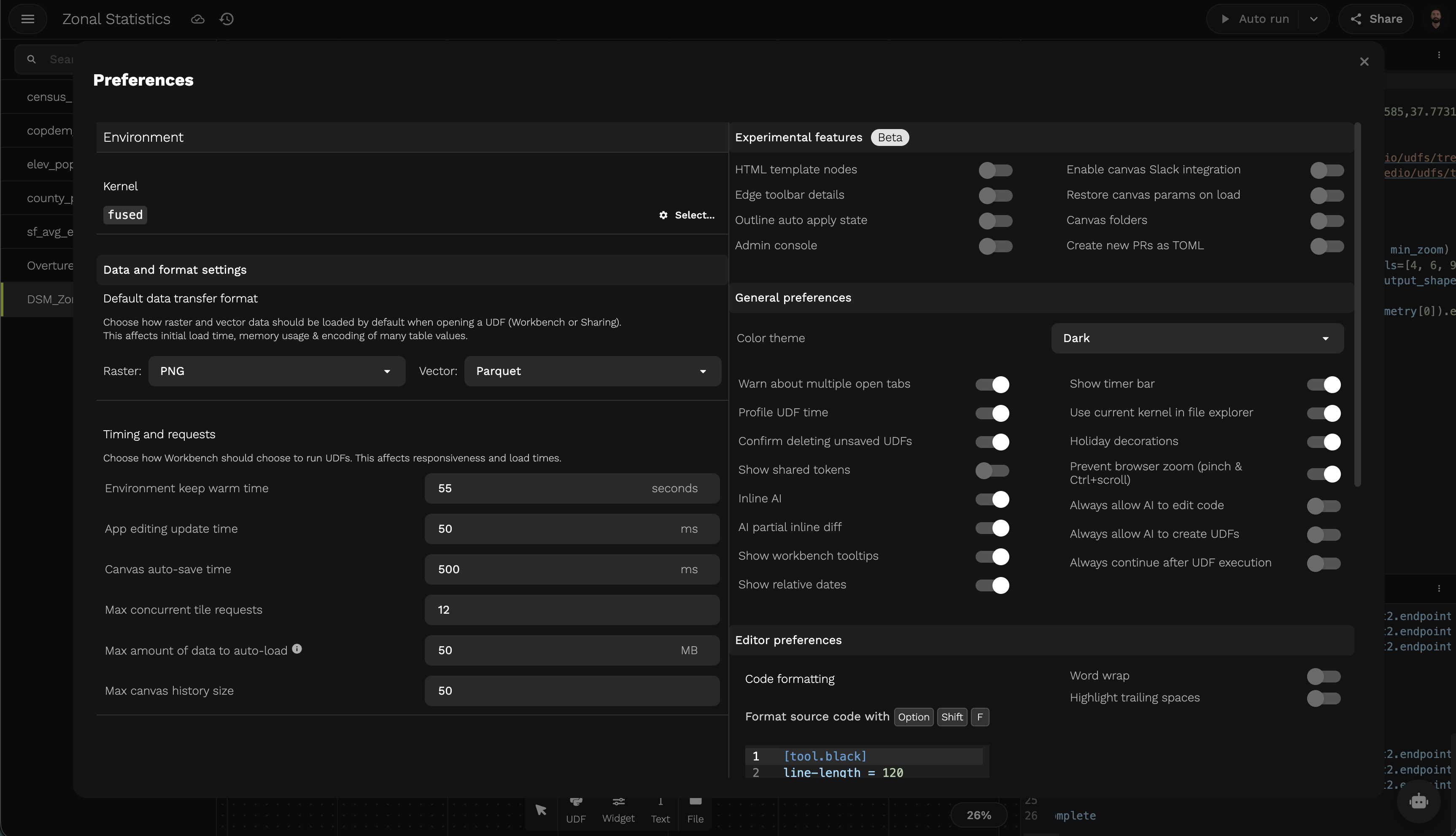 Preferences page