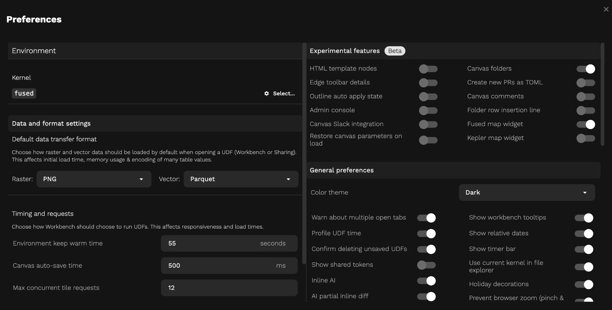 Preferences page