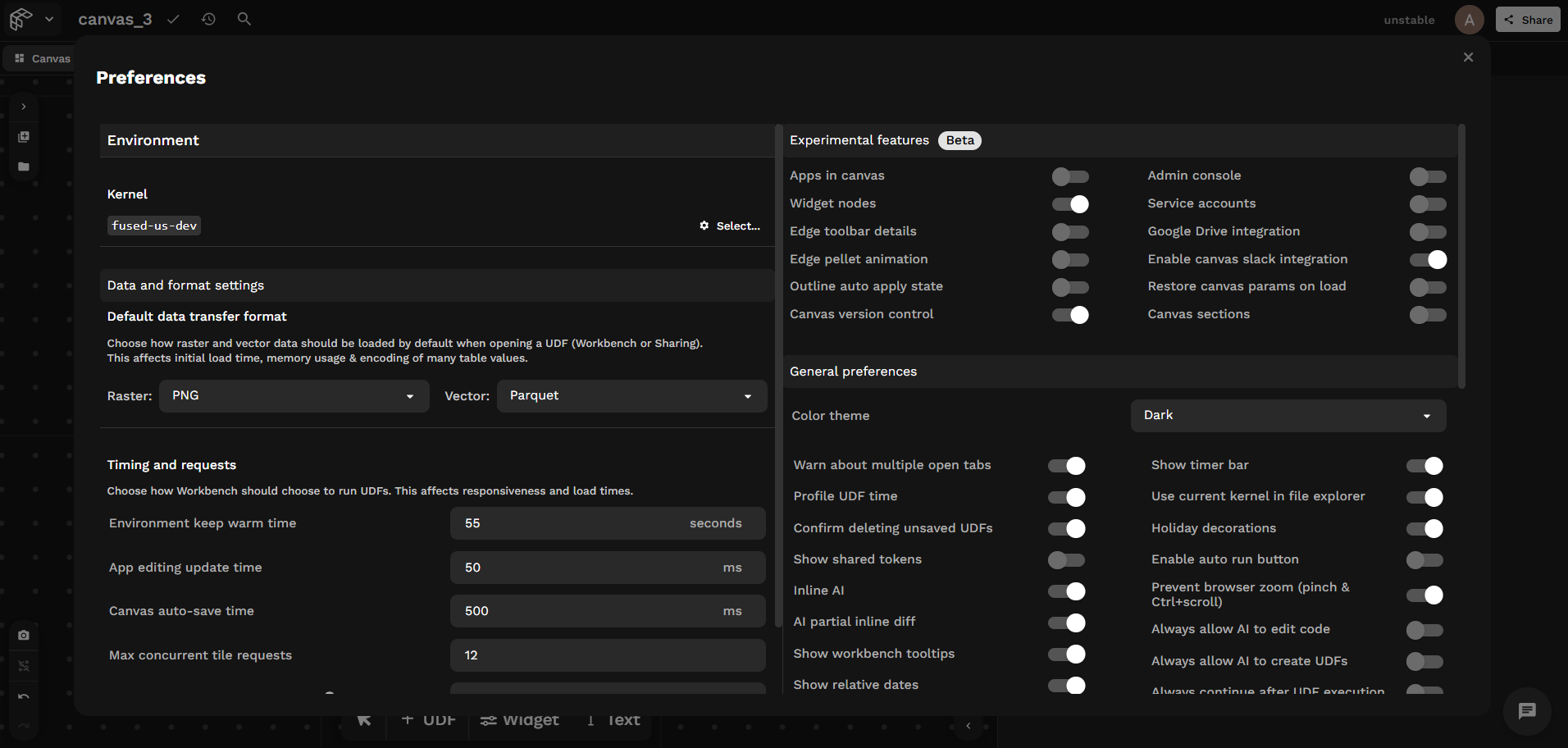 Preferences page