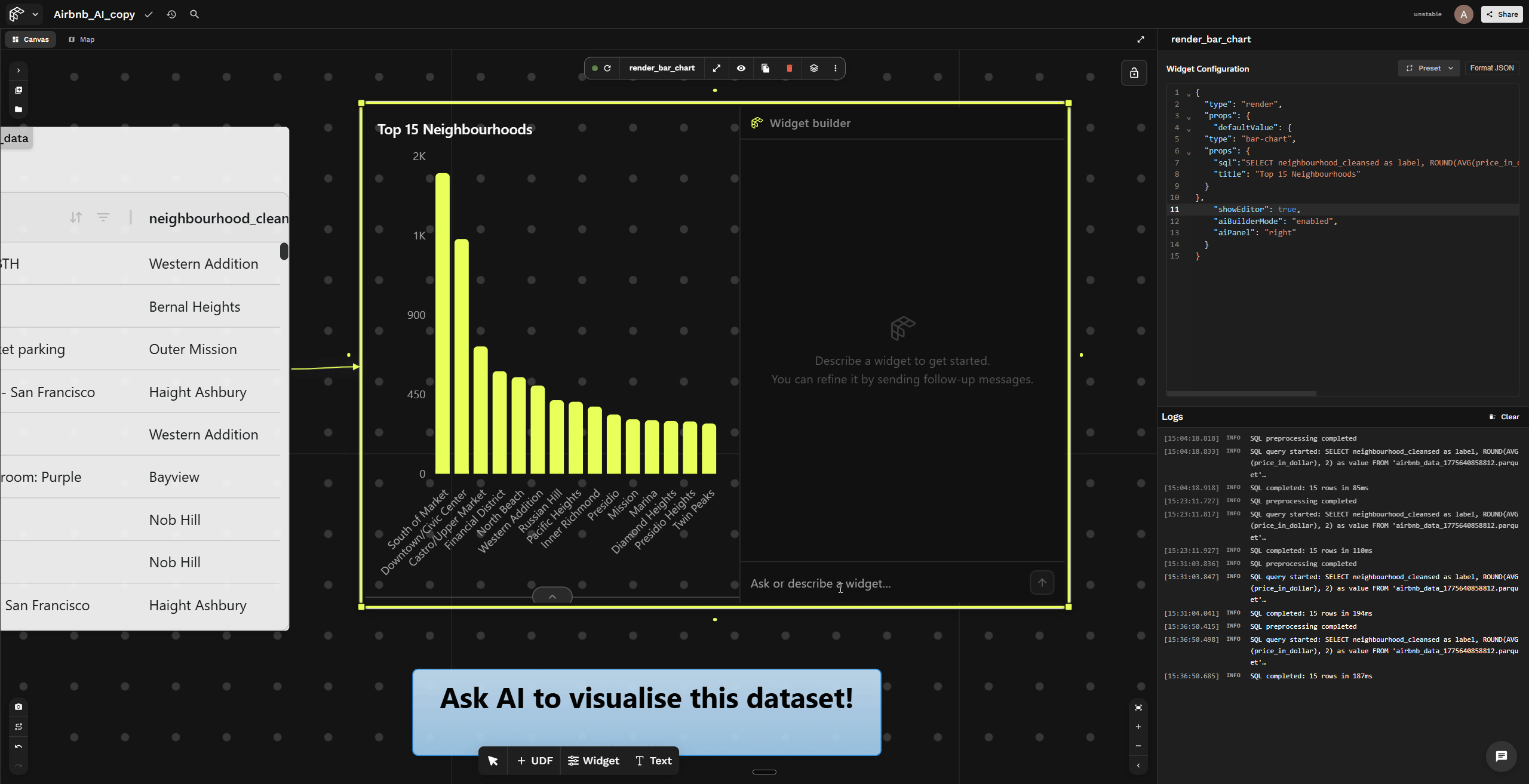 AI panel rewriting widget-builder config from a prompt