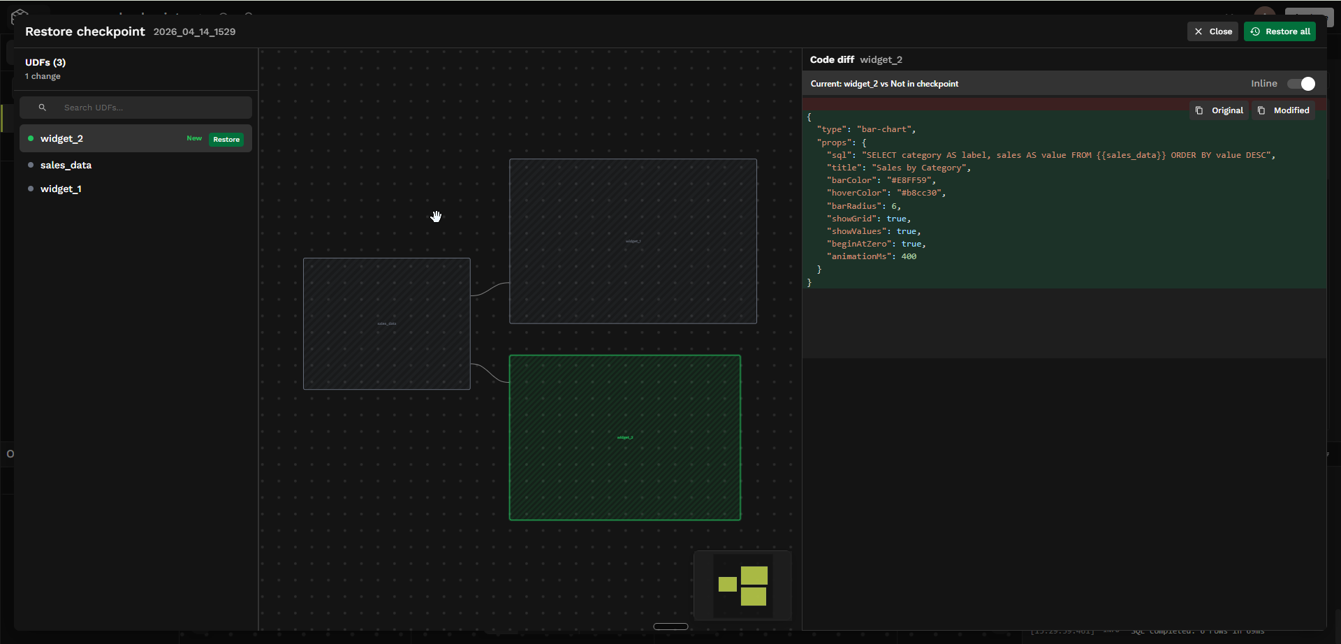 Restoring a checkpoint with code diff review and per-UDF restore controls