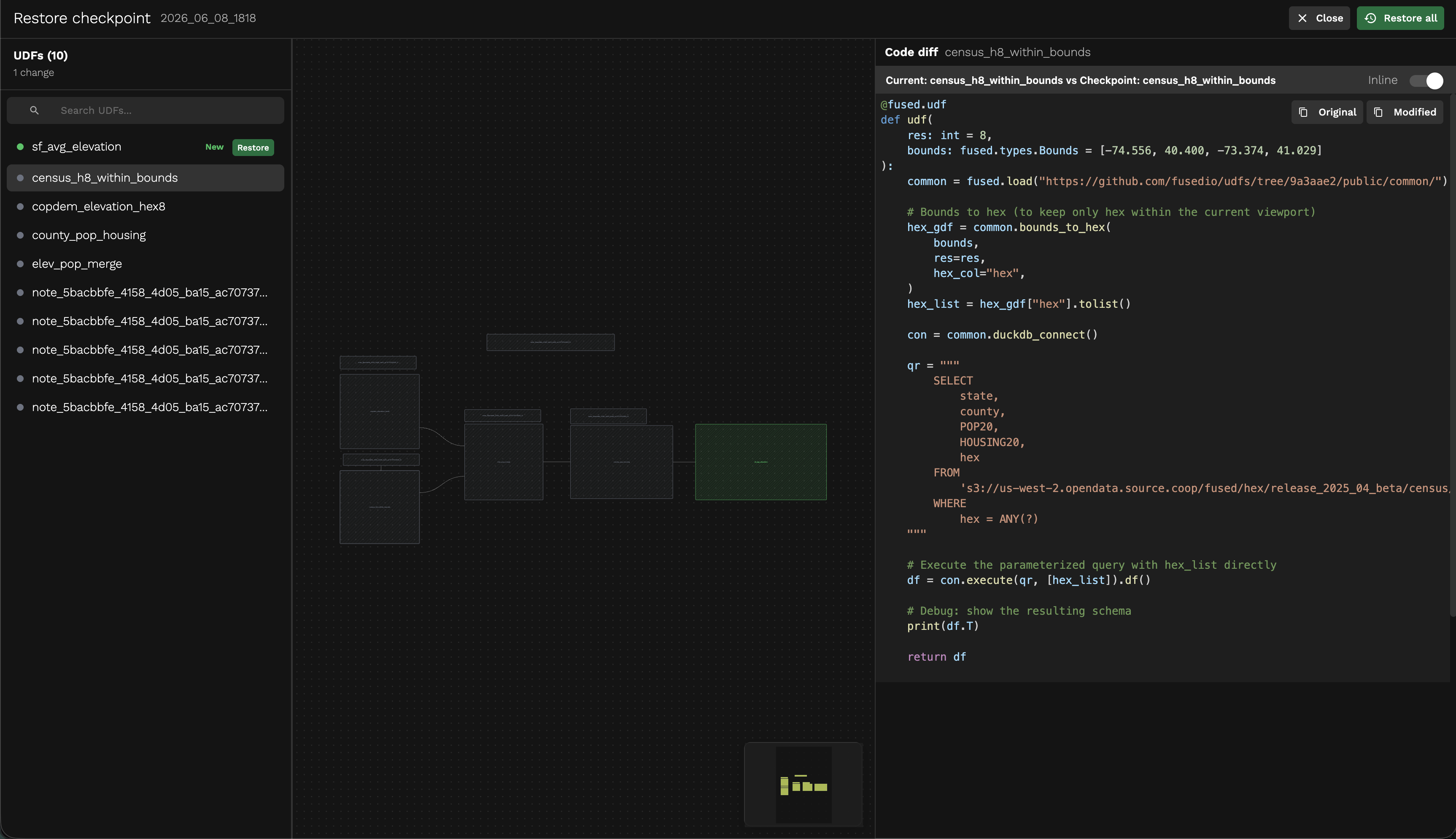 Restoring a checkpoint with code diff review and per-UDF restore controls