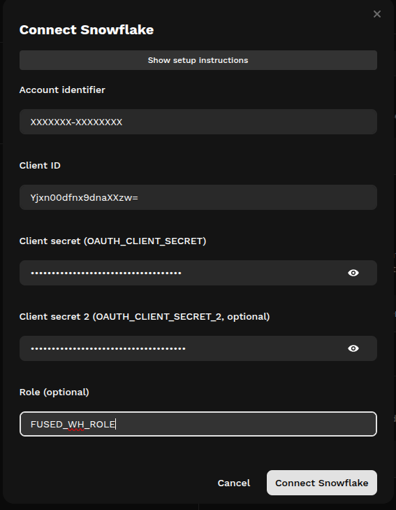 Connect Snowflake modal in Fused Workbench