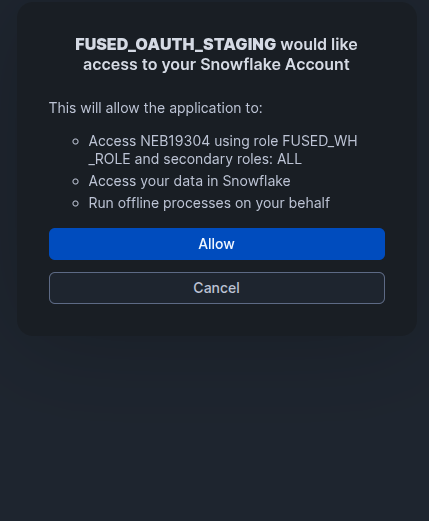 Snowflake OAuth confirmation screen