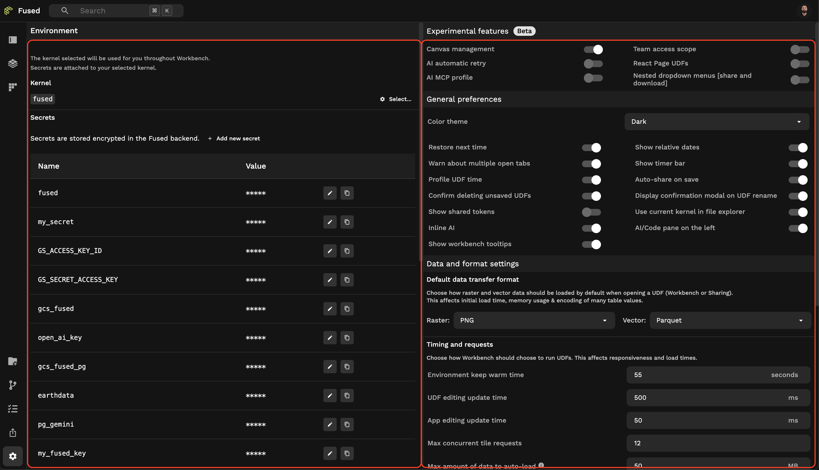 preferences page sections
