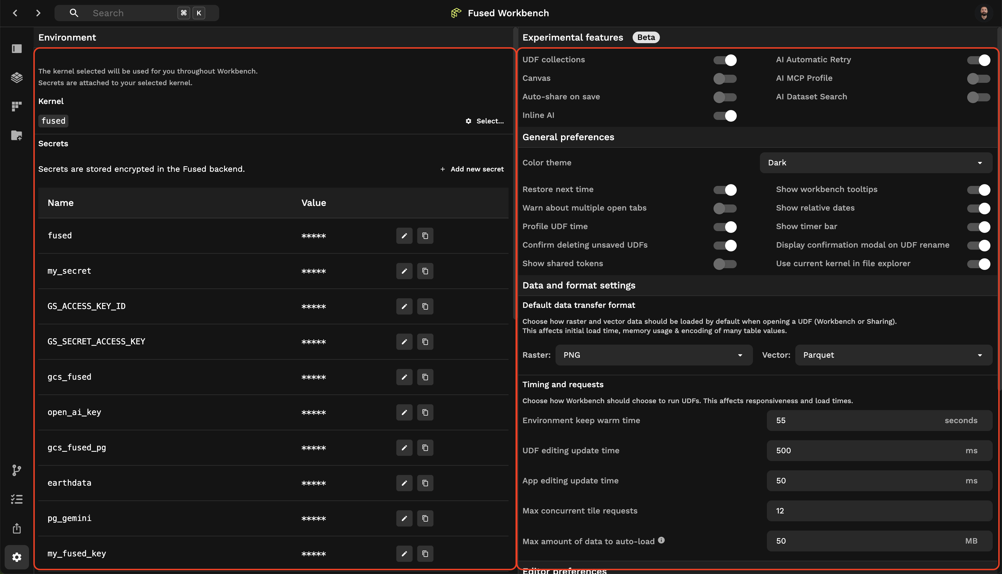 preferences page sections
