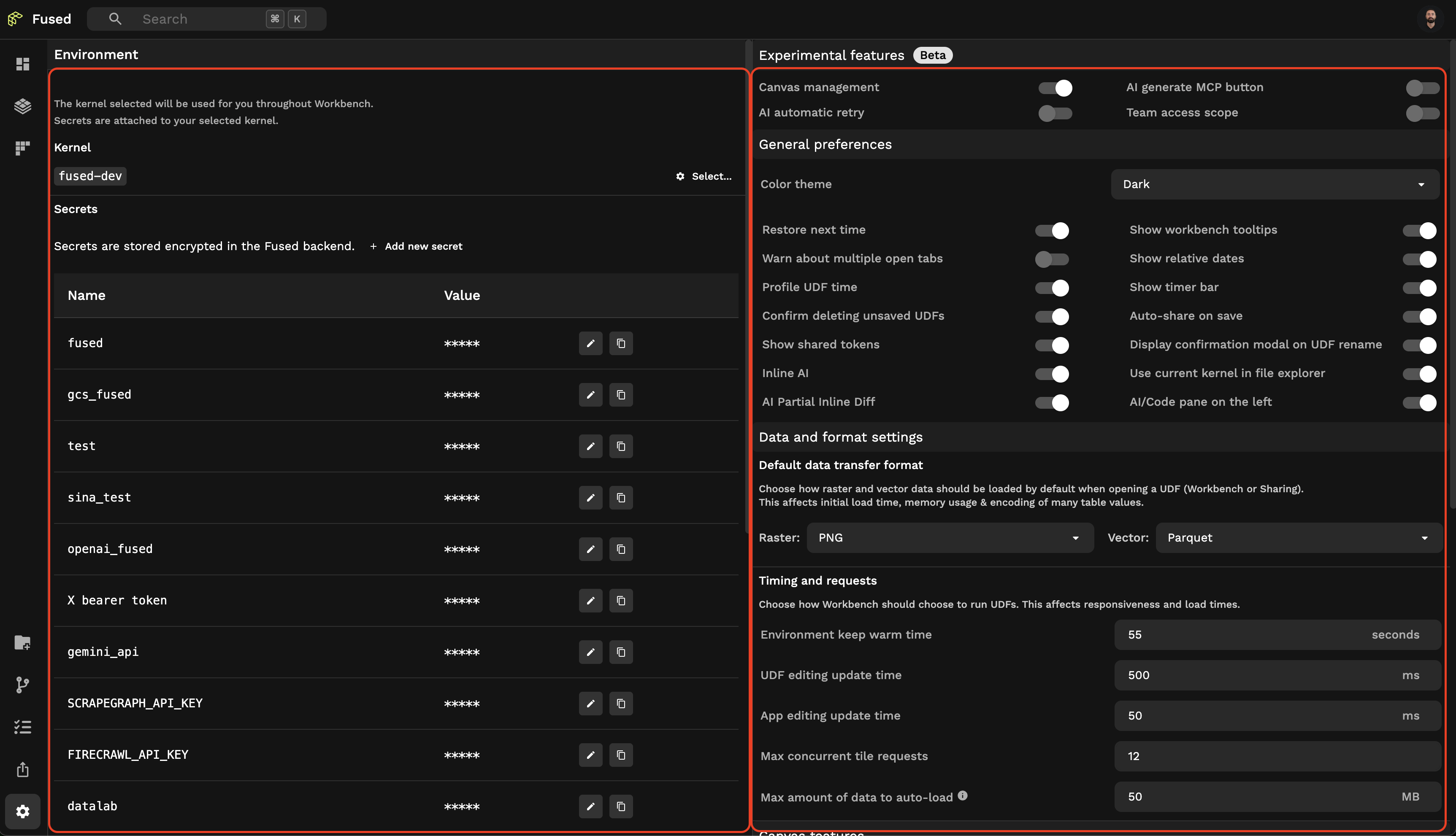 preferences page sections