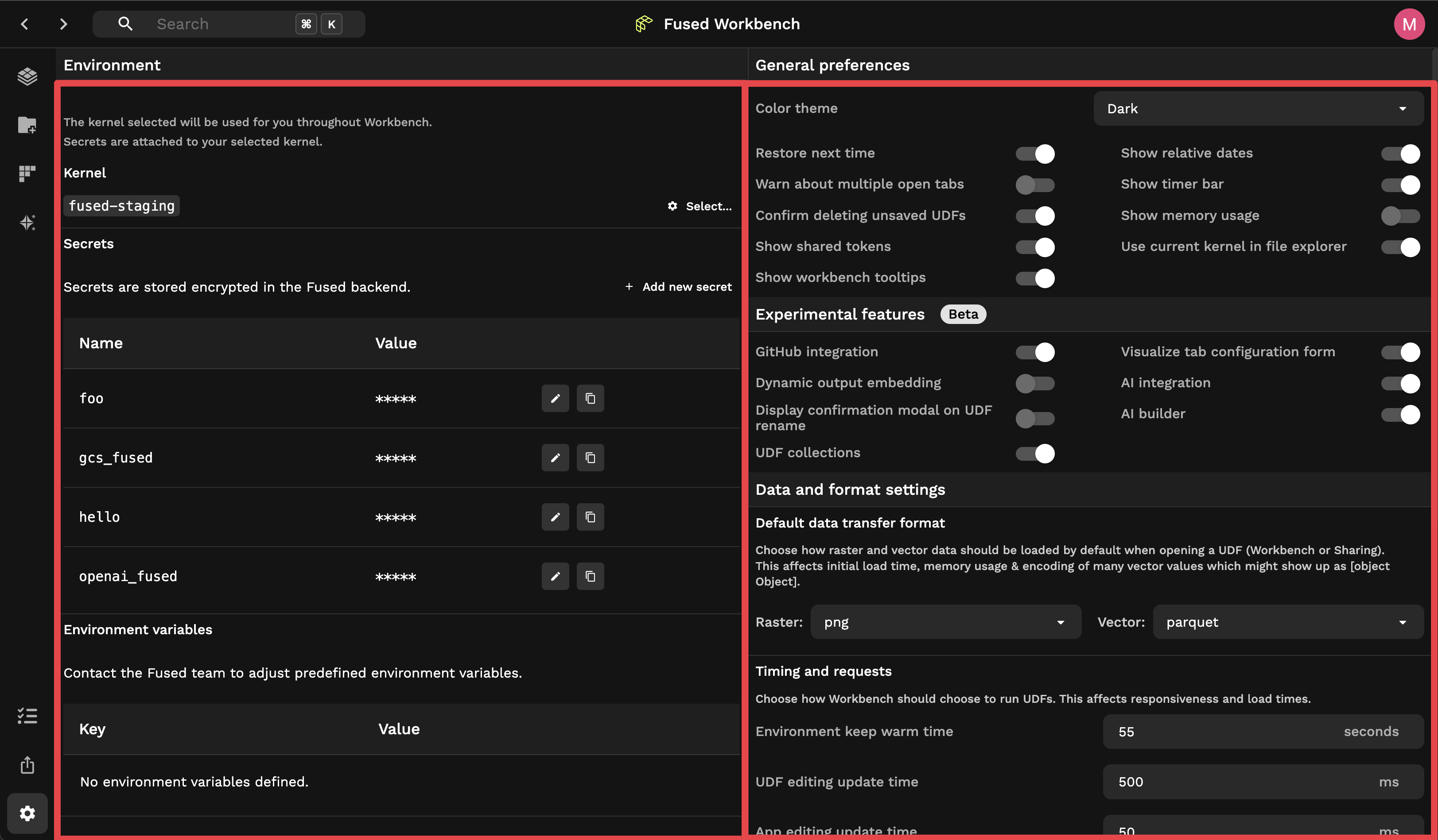 preferences page sections
