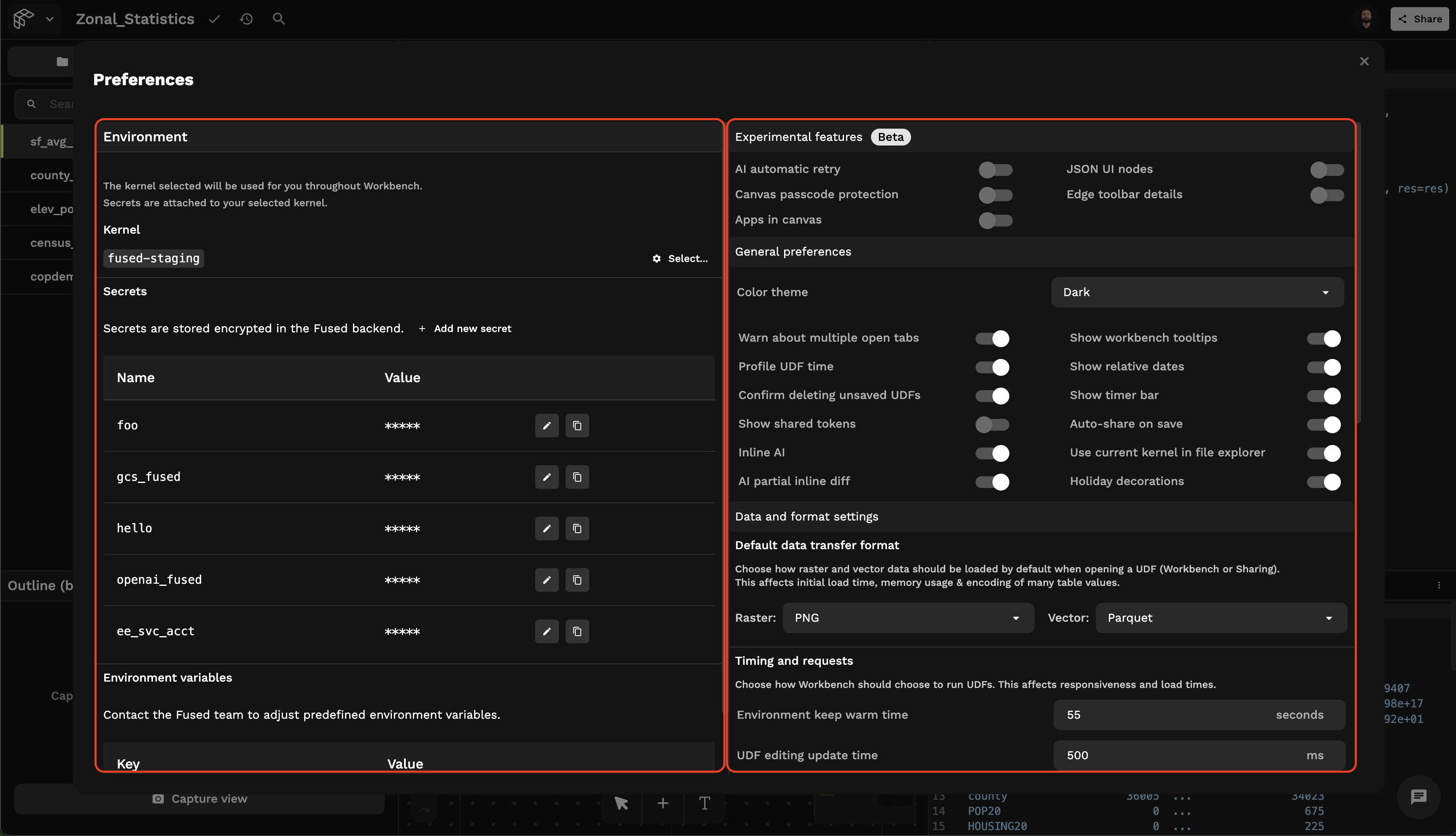 preferences page sections