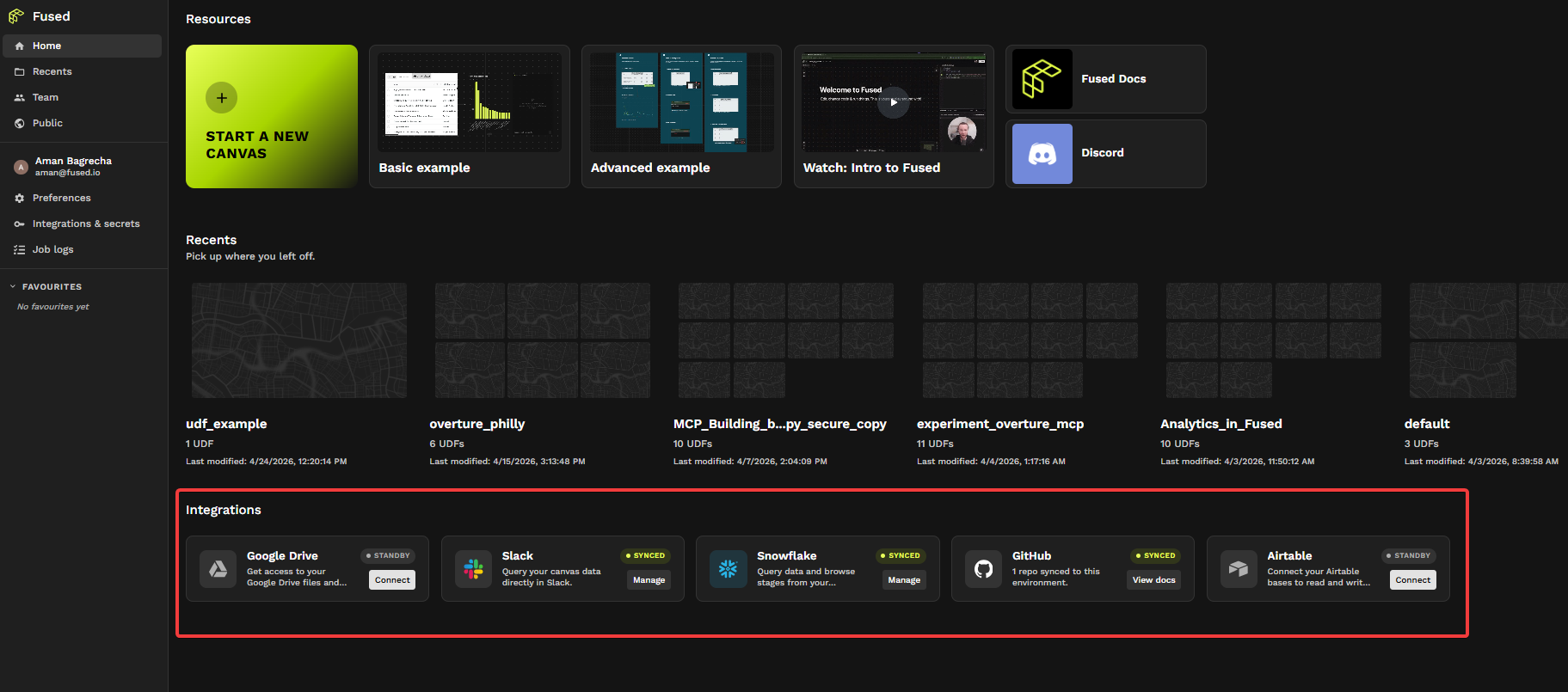 Integrations panel on the Fused home page