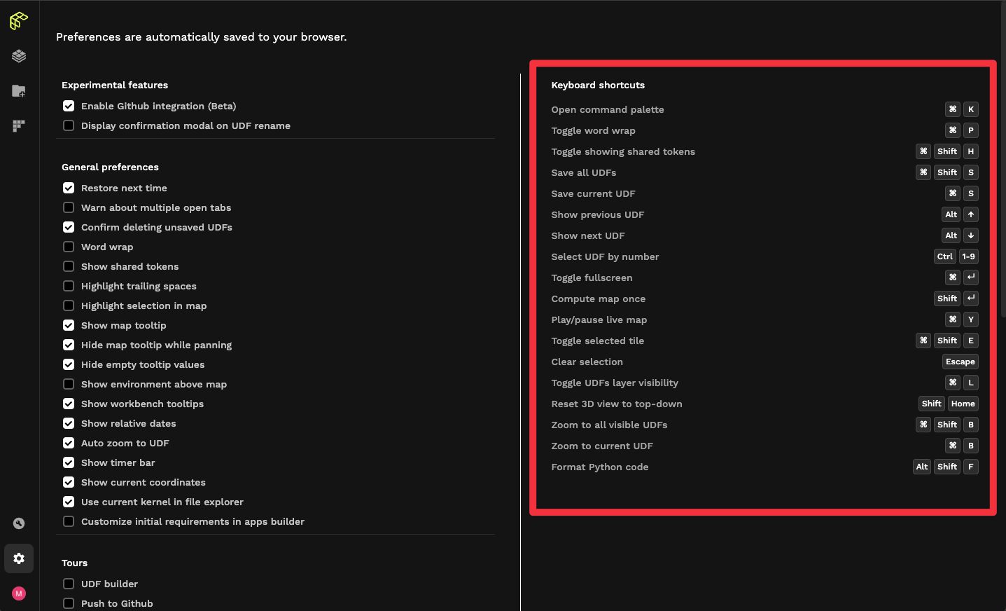 Preferences - Keyboard Shortcuts