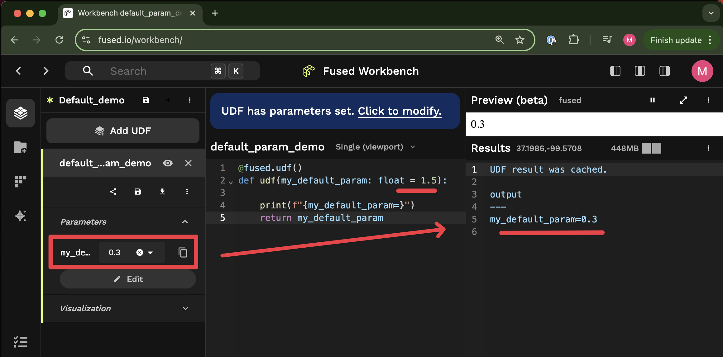 Workbench UI overwrites Python default params
