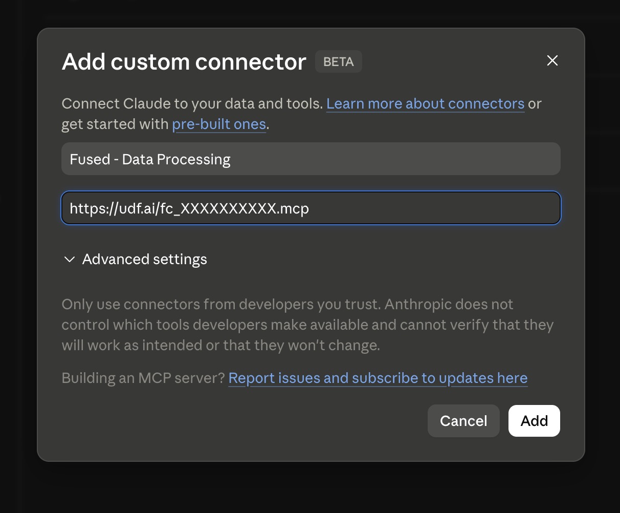 Add custom connector dialog — enter a name and paste the MCP URL