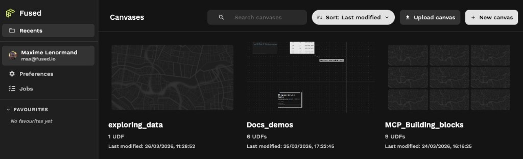 Canvases home page with search, sort, and canvas cards