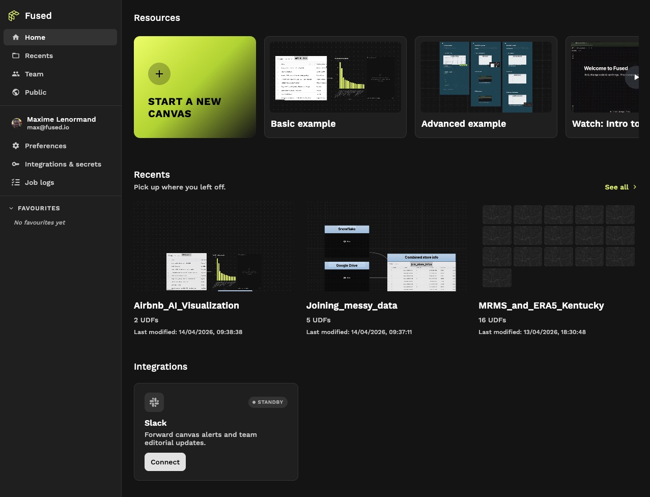 New Fused home page showing recents, resources, and integrations