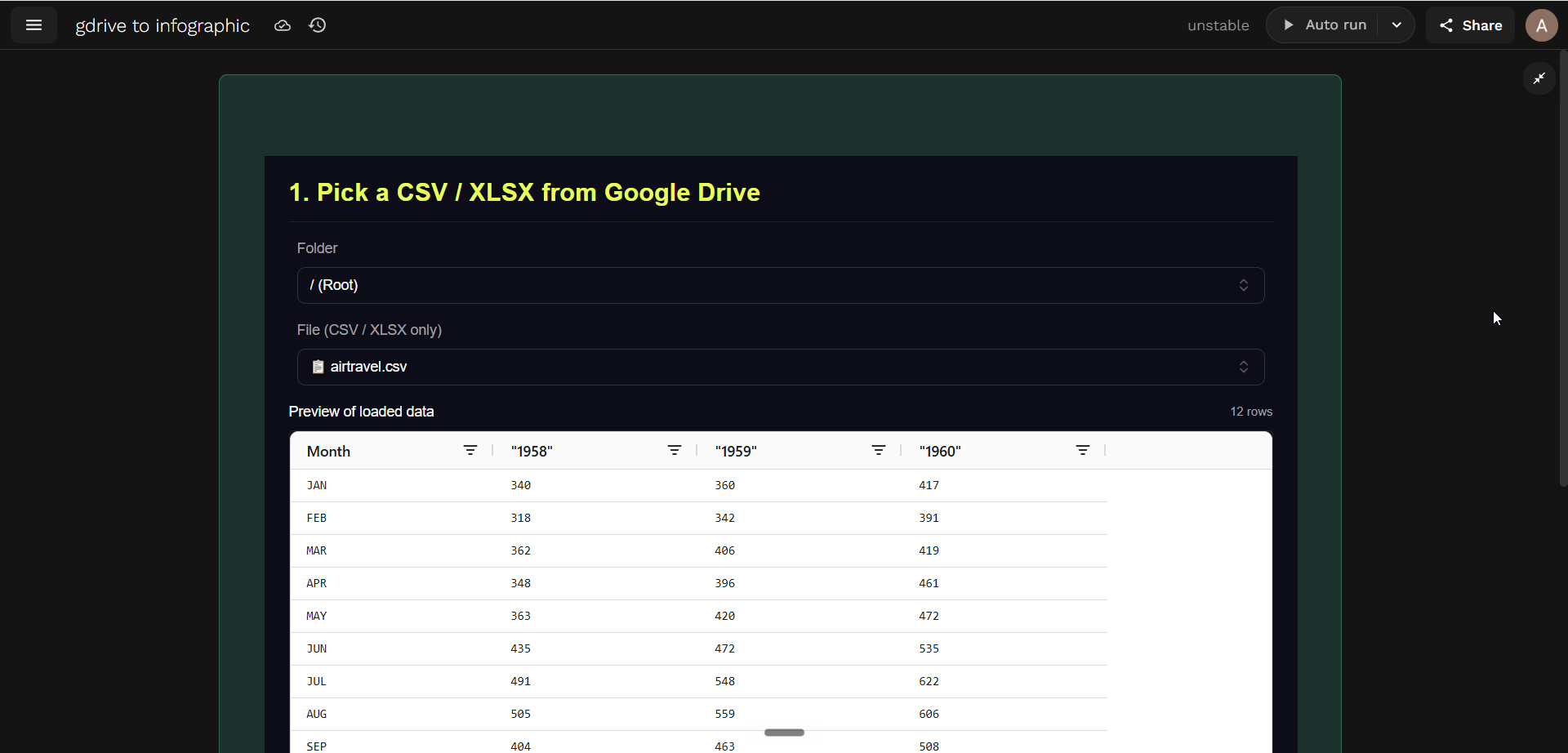 Part 1 — folder dropdown, file dropdown, and a live preview of the loaded CSV