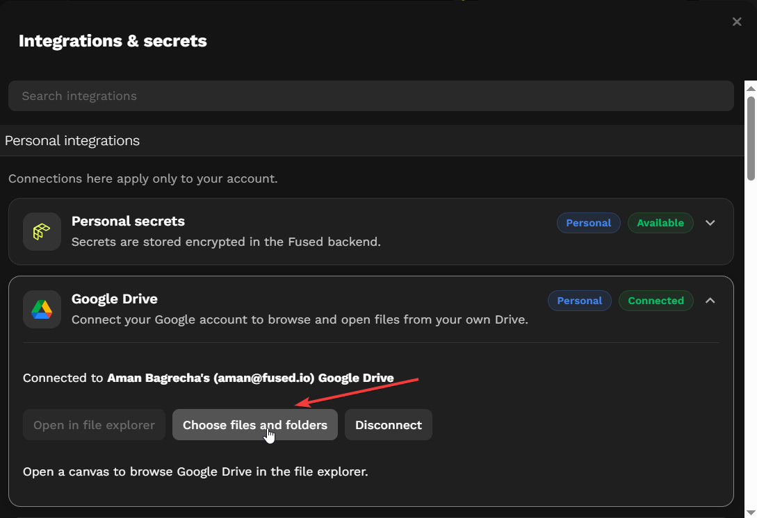Google Drive connected in Fused Workbench
