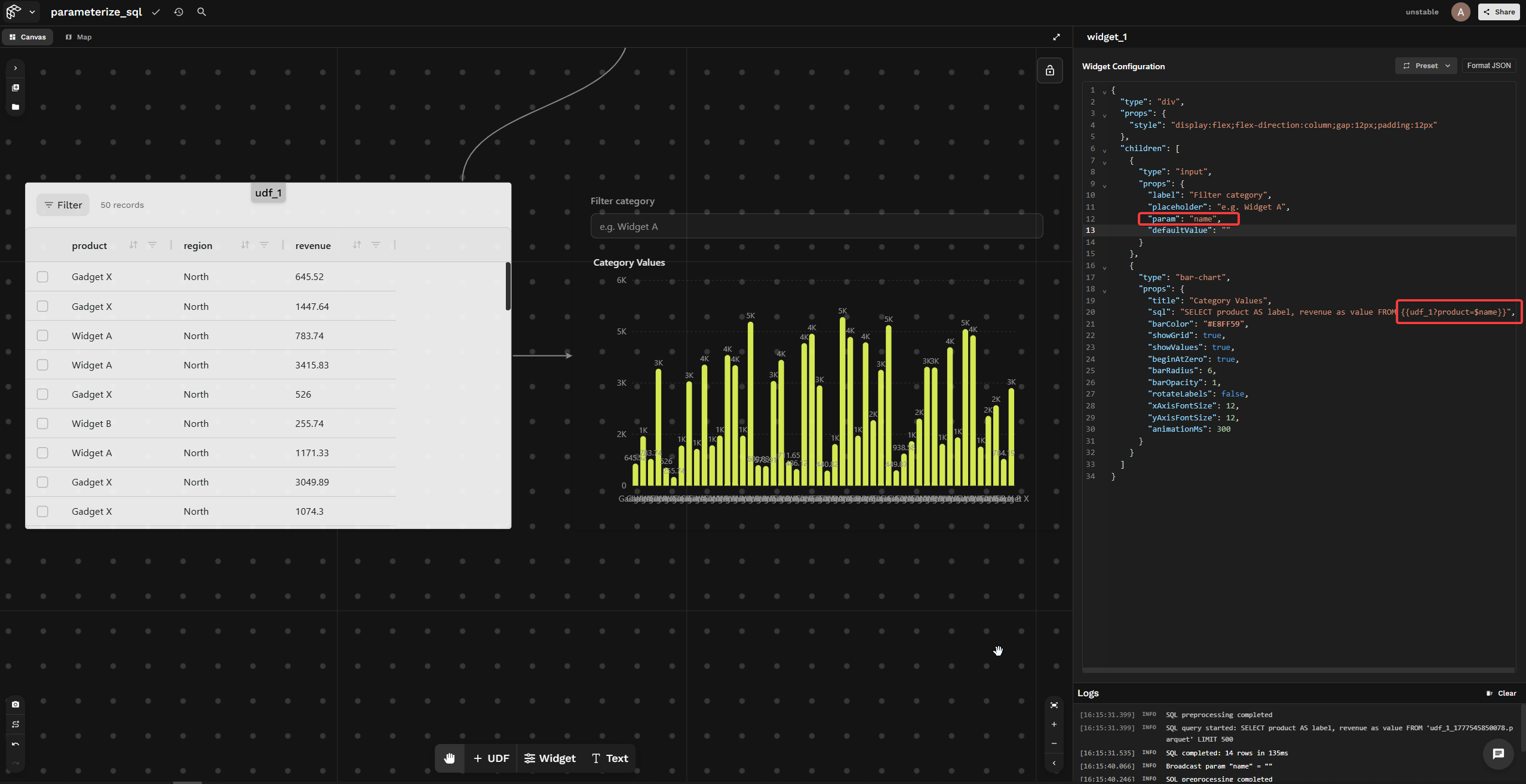 Input widget filtering bar chart by passing $name into udf_1 at query time